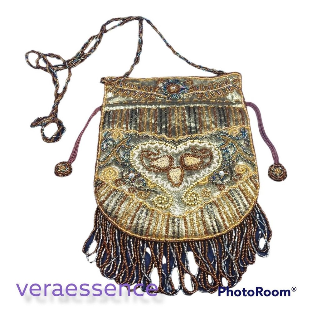 Vintage Beaded Fringe Mini Bag ~ Crossbody Colorful Small Purse with Strap - Picture 1 of 7